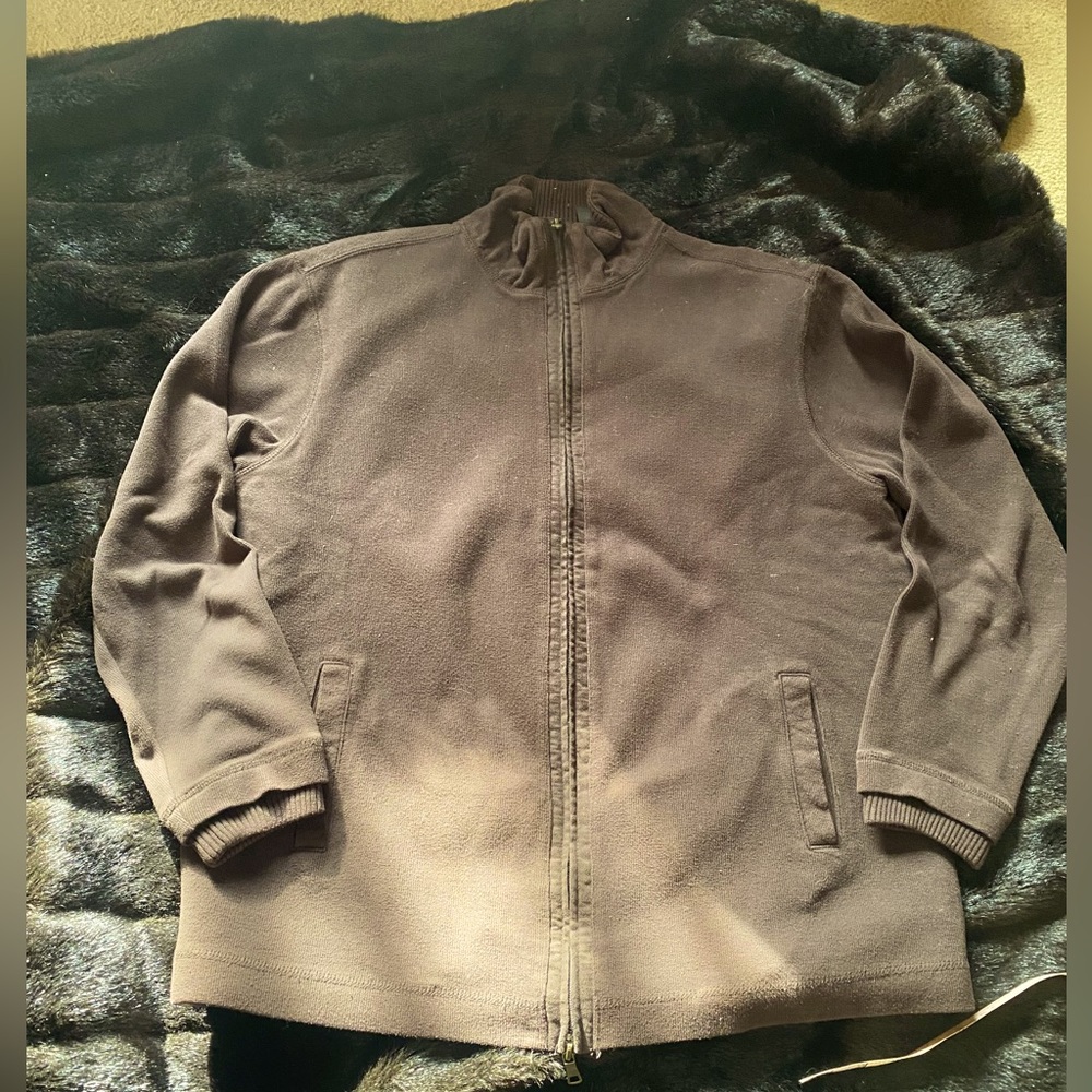 Vtg Claiborne faux fur lined full double zip mock neck sweater jacket-dark brown
